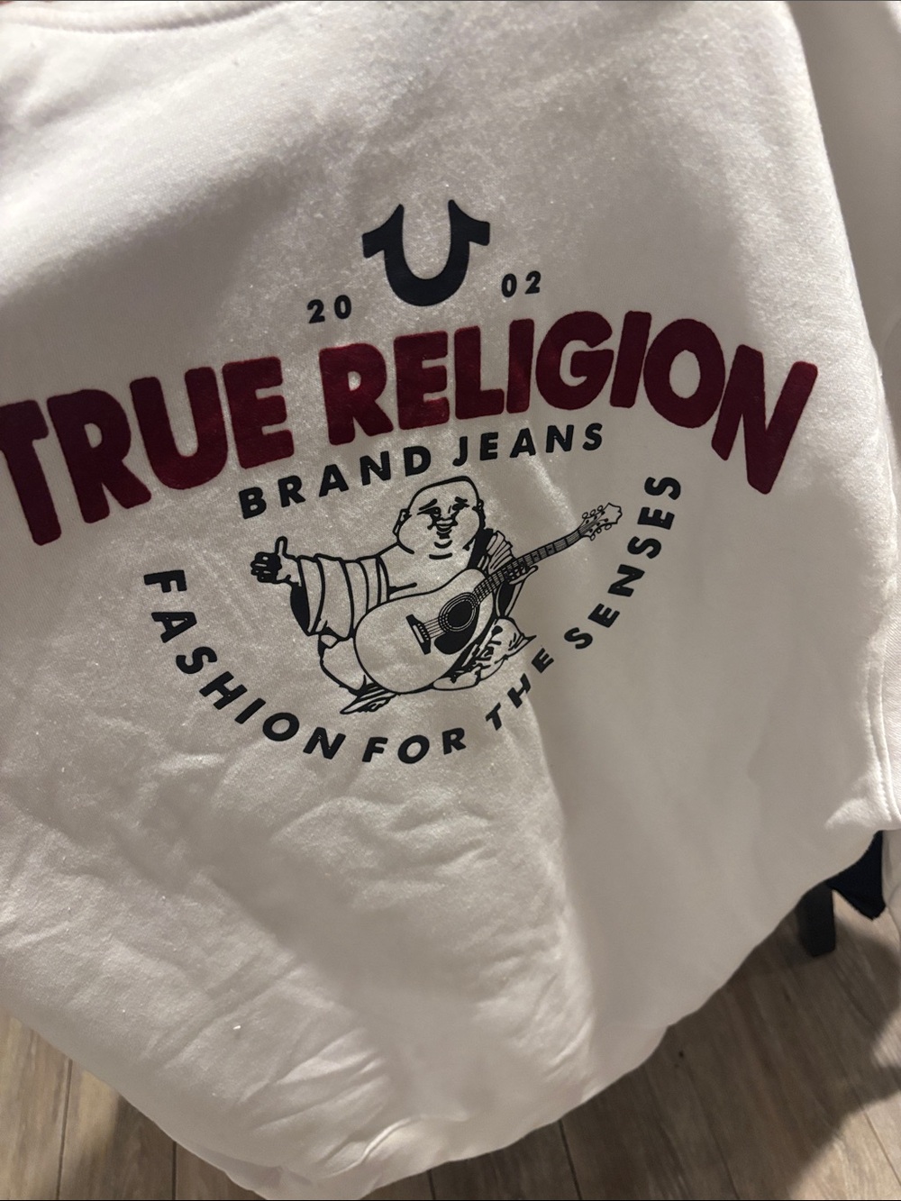 True Religion White Sweatshirt with Burgundy Logo and Black Graphic